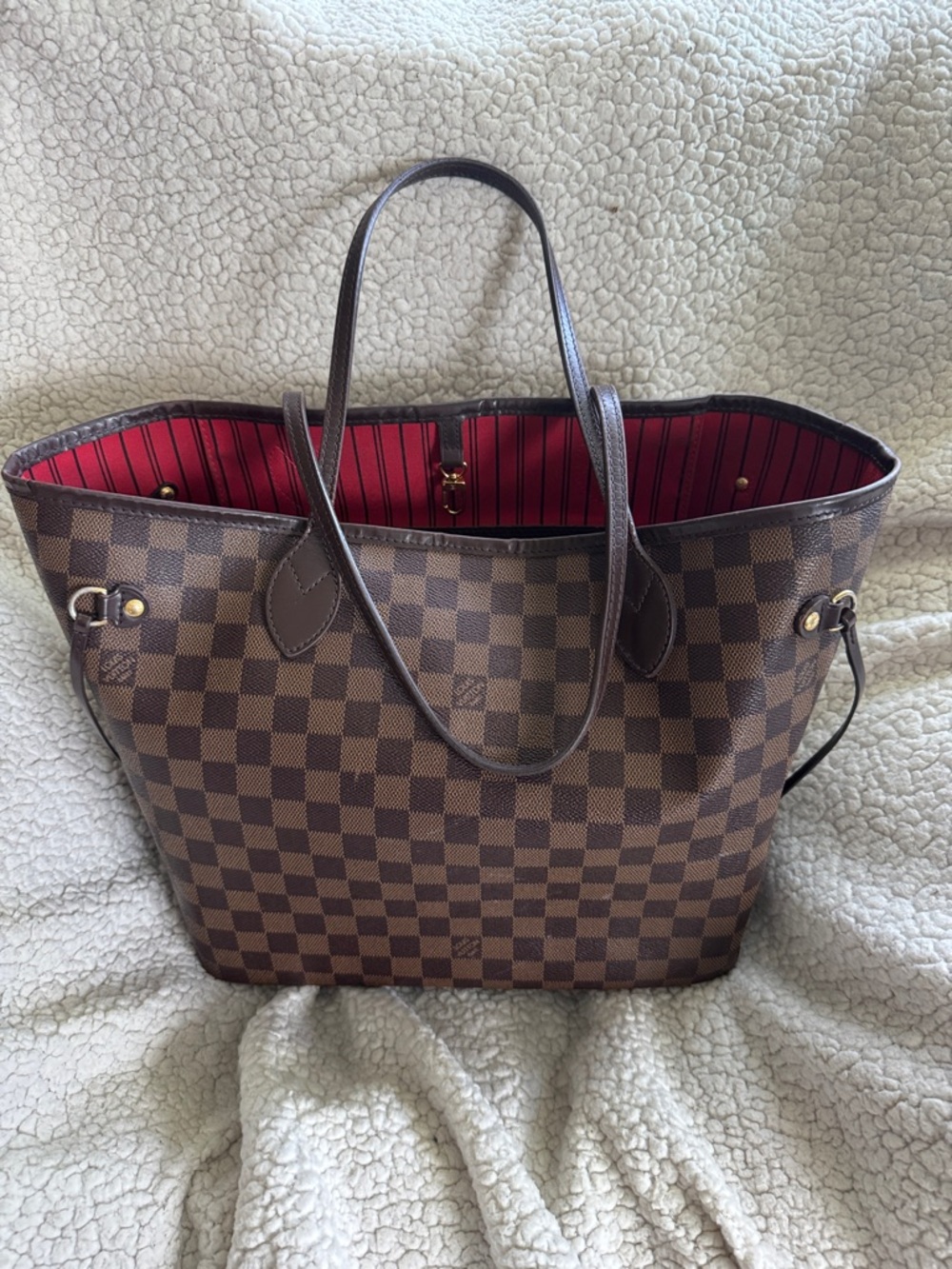 Louis Vuitton Brown Damier Canvas MM Tote with Red Lining
